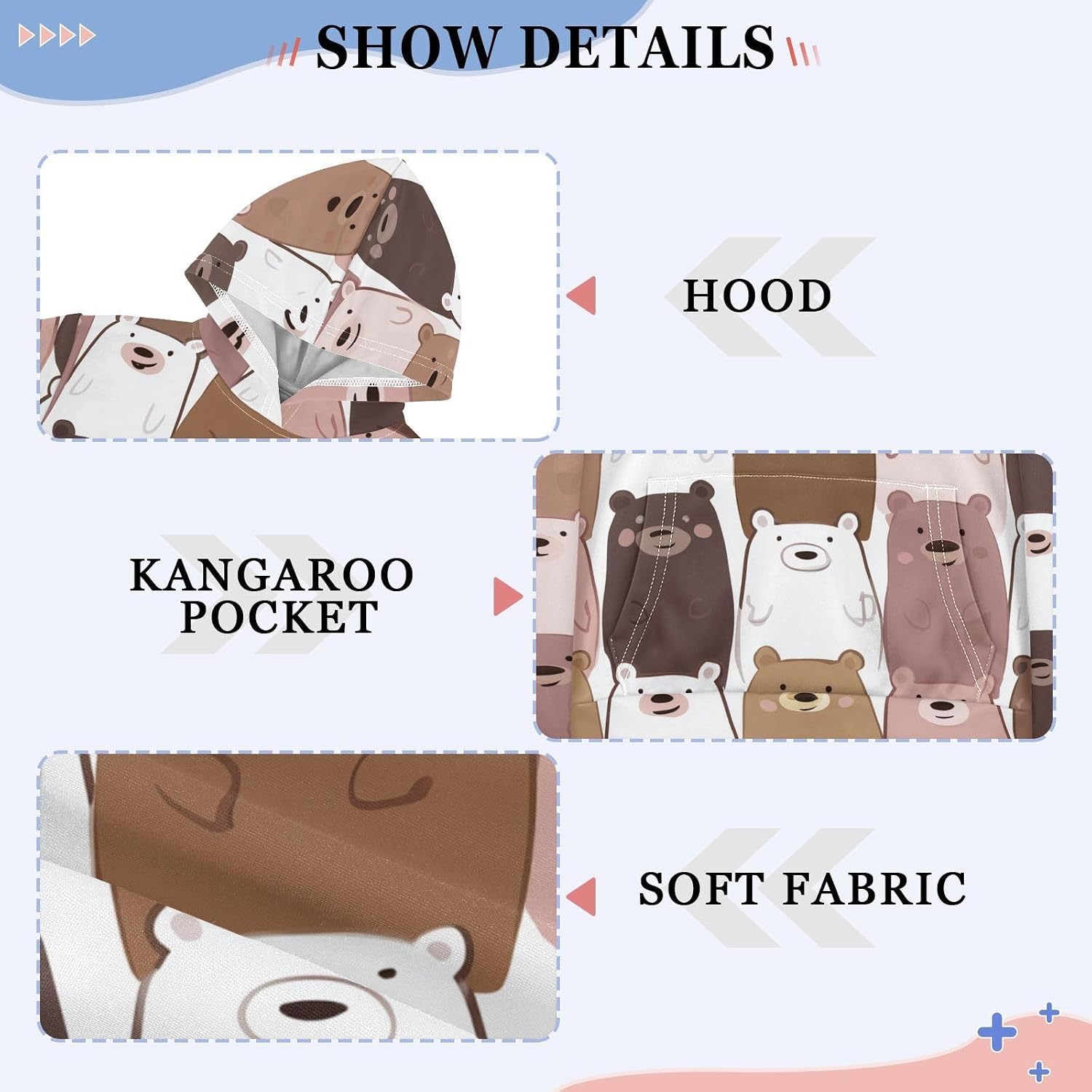 ZZXXB Lovely Bears Pattern Kids Sweatshirts Boys Girls Hooded Kangaroo Pocket Pullover Tops XS-XXL
