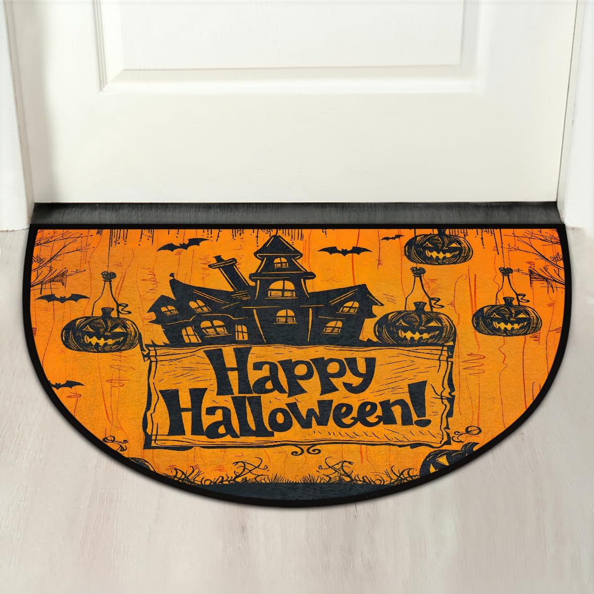 Retro Pumpkin Bats Halloween Half Round Door Mat Non Slip Washable Semi Circle Area Rug Absorbent Soft Half Moon Rug Floor Mat for Indoor Outdoor Kitchen Bathroom Patio Front Door Mat Decor