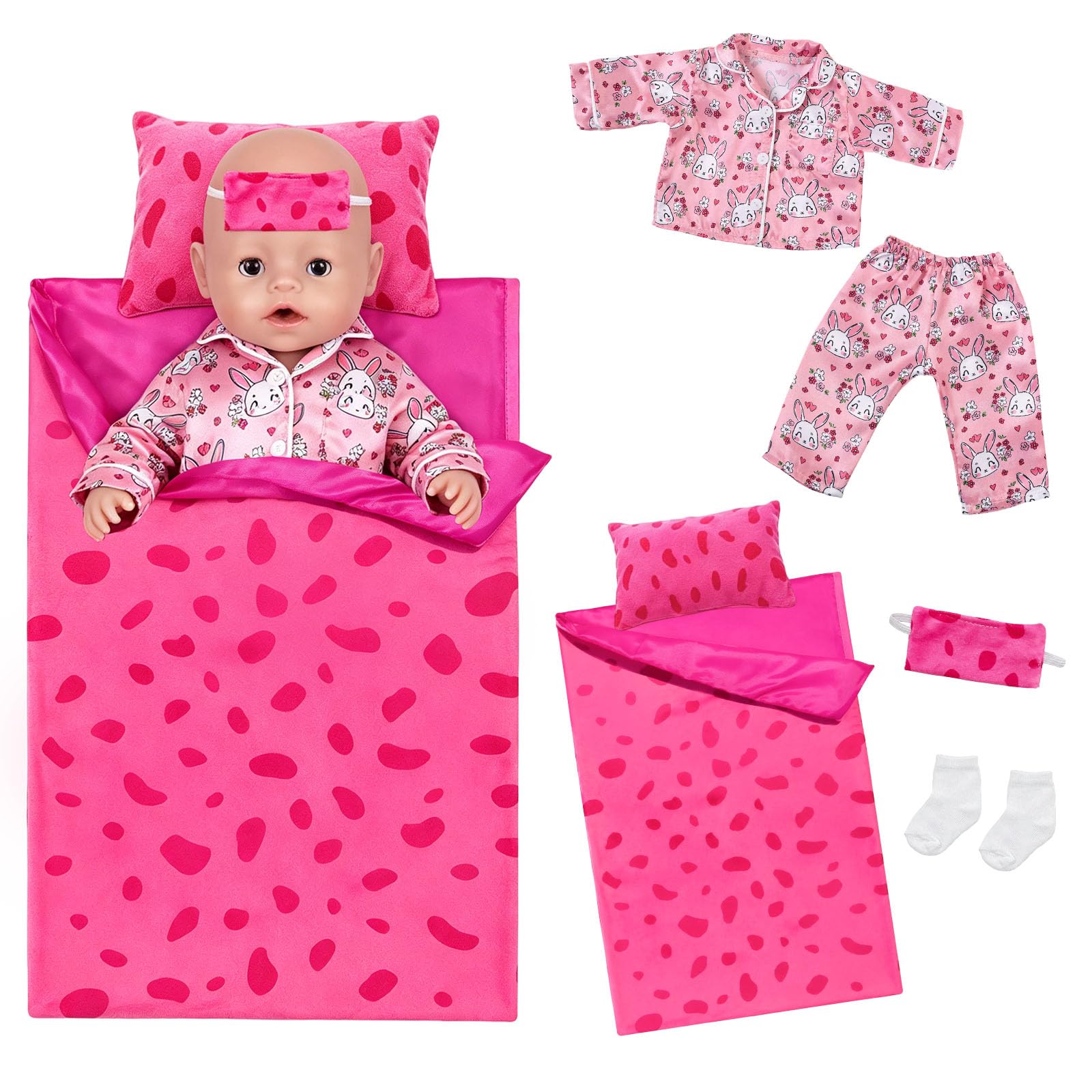 Baby Doll Clothes for 35–43 cm Dolls, 6 Pcs Pink Doll Clothes with Rabbit Pajama Sets Sleeping Bags Pillows Eye Masks Socks for 14-18 Inch Baby Dolls, Girls' Birthday Gift