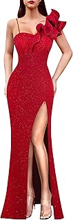 Womens Ruffle One Shoulder Strap Ruched Formal Prom Wedding Maxi Dress V Neck Elegant Split Cocktail Evening Long Gown - Buy now