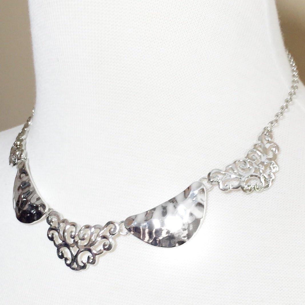 Gypsy Jewels Filigree Swirl & Hammered Connected Cresents Designer Look Necklace & Earrings Set (Silver Tone)