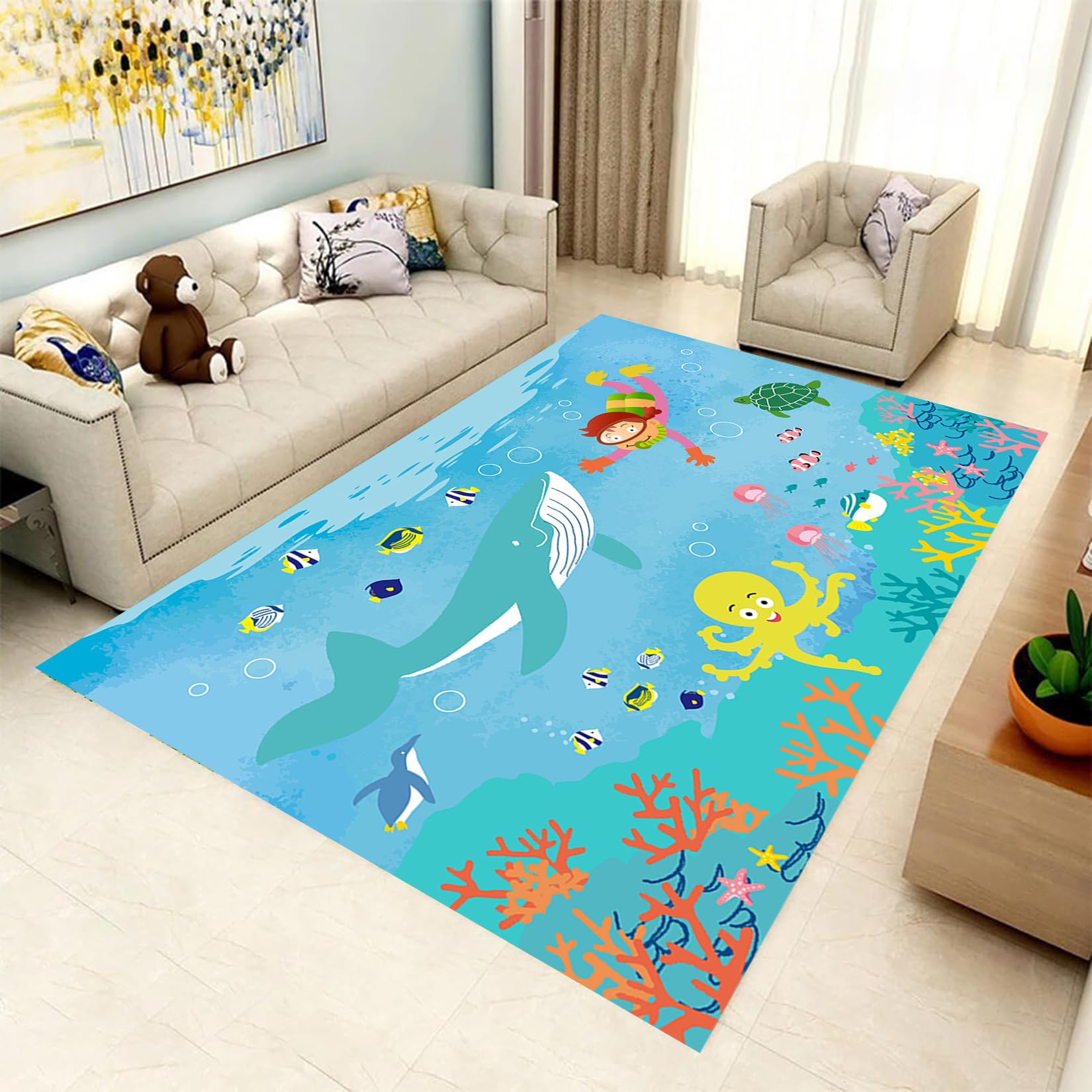 YHUERC Children's Area Marine Carpet,70x140 cm Blue Undersea World Carpet,Jellyfish Print Rug,Machine Washable Bedroom Bedside Rug,for Study Room Sofa