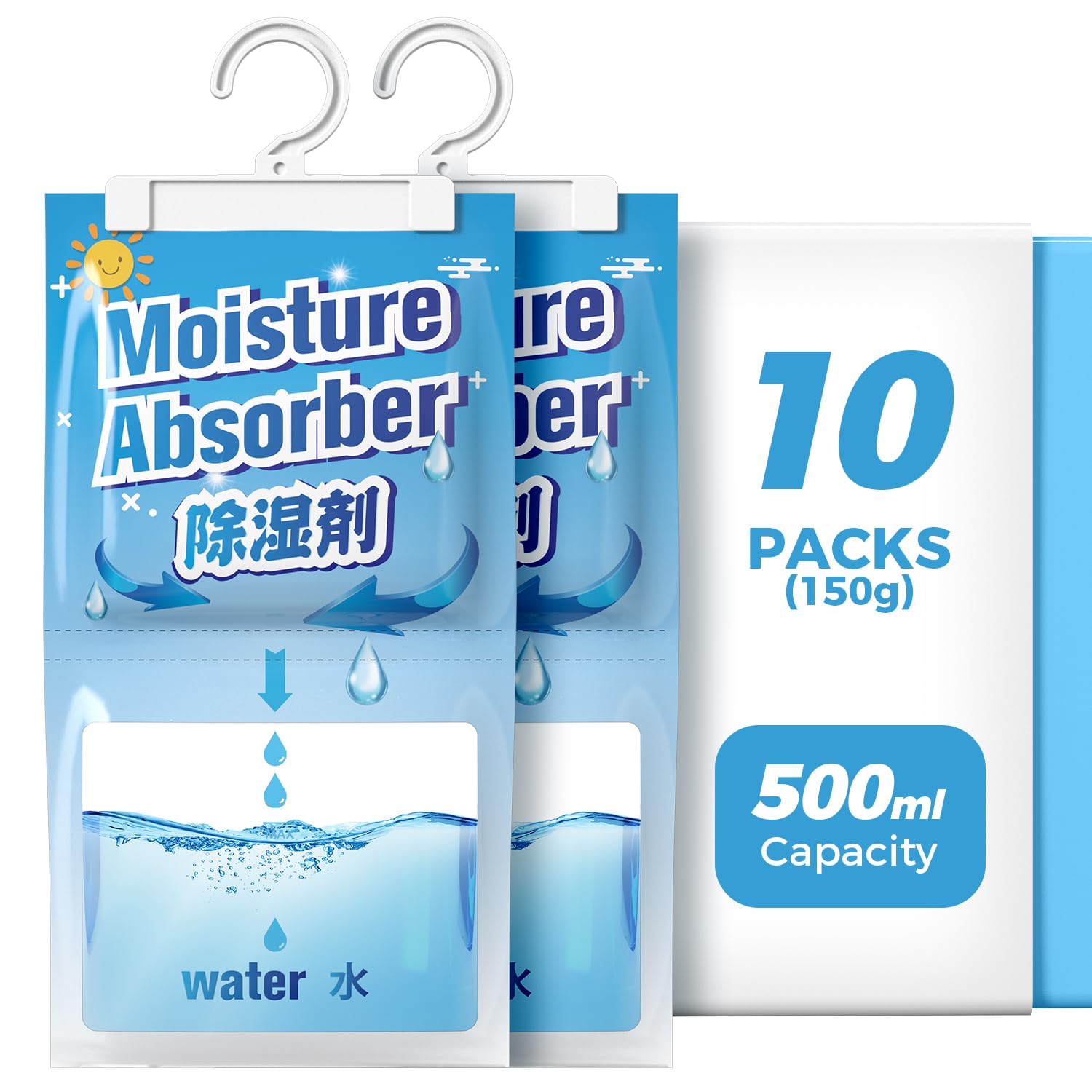 AROEVE Deumidificatore, 10 Confezioni x 150g Assorbitore di Umidità a Sospensione, Capacità 500 ml, Sacchetti Deumidificanti Antigoccia, Elimina gli Odori per Armadi, Credenze, Camere da Letto, Bagni
