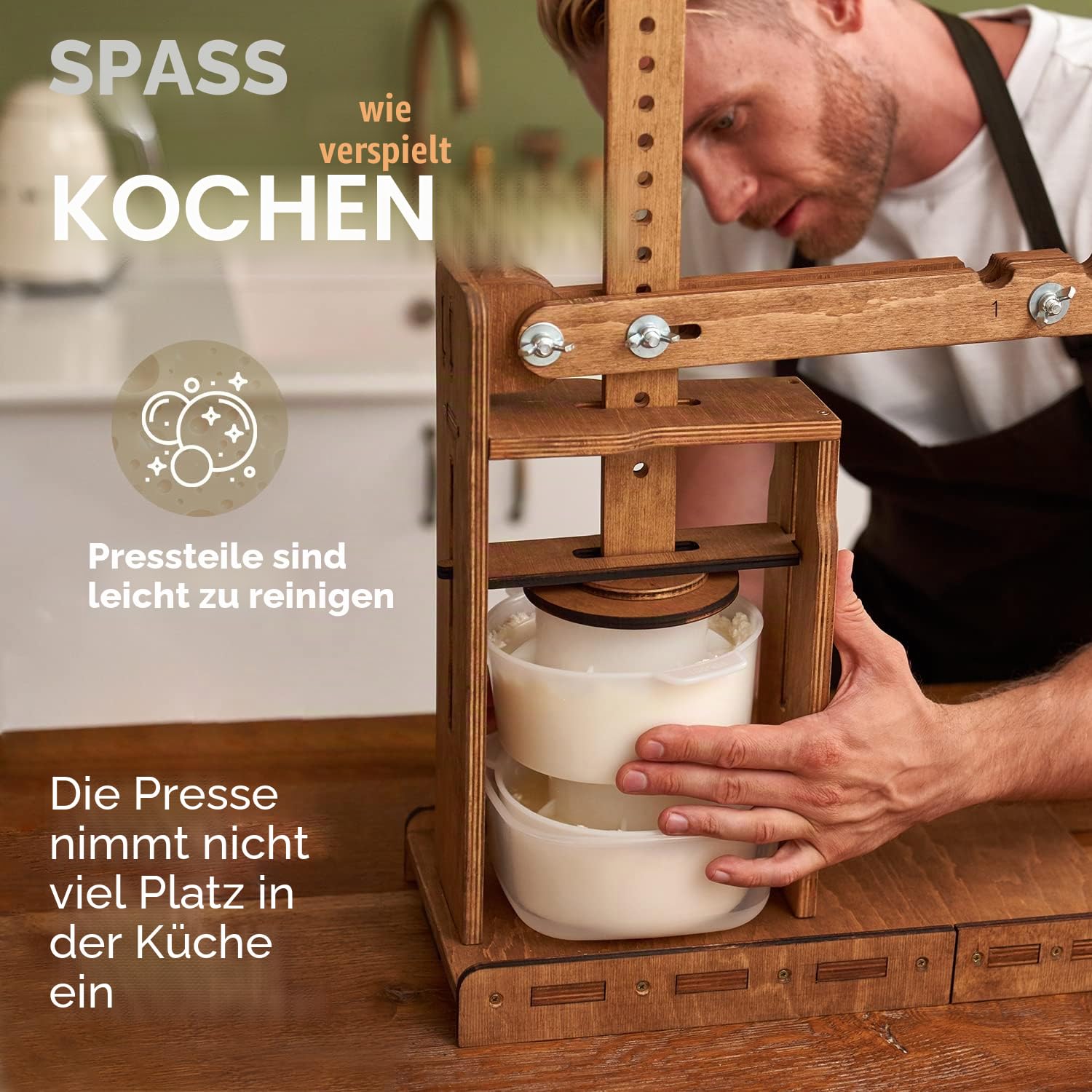 Niederländische Käsepresse aus Holz – Käseherstellungs-Set (Holz-Käsepresse mit Hebel und 2 Käseformen, 1,2 l), Käsepresse für Zuhause, Käseherstellung Druck bis zu 90 kg - Dutch Cheese Press