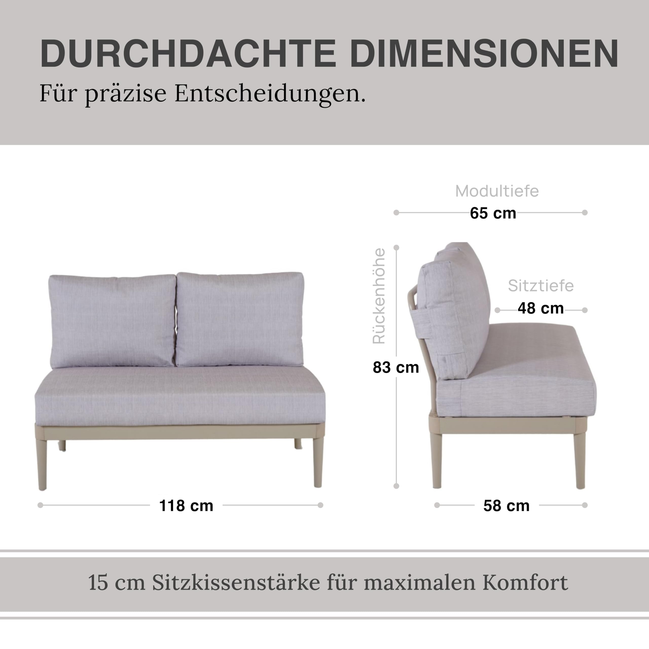 Modulares Doppelsitz Element Sandbeige, 118x83x65 cm: Premium Zweisitzer Outdoor Sitzlounge, Alurahmen rostfrei, 15 cm Polster, wetterfest, UV-beständig, waschbar, Garten/Balkon/Terrasse, Luna Lounge