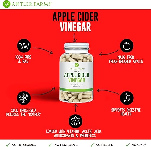Miniatura 4 de Antler Farms - Vinagre de sidra de manzana 100% puro con madre, 180 cápsulas, 500 mg - Un poderoso aliado para la salud intestinal y cardíaca -