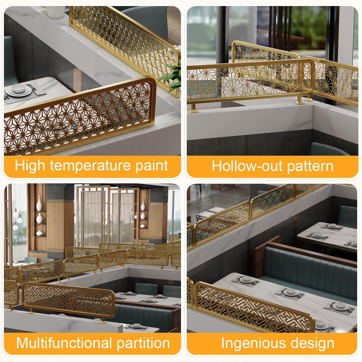 Ironwork Hollow Out Restaurant Decorative Partitions, Low Fence Dining Area Partition, Countertop Divider Panel, for Offices Braries Classrooms Library Restaurant(Gold-E)