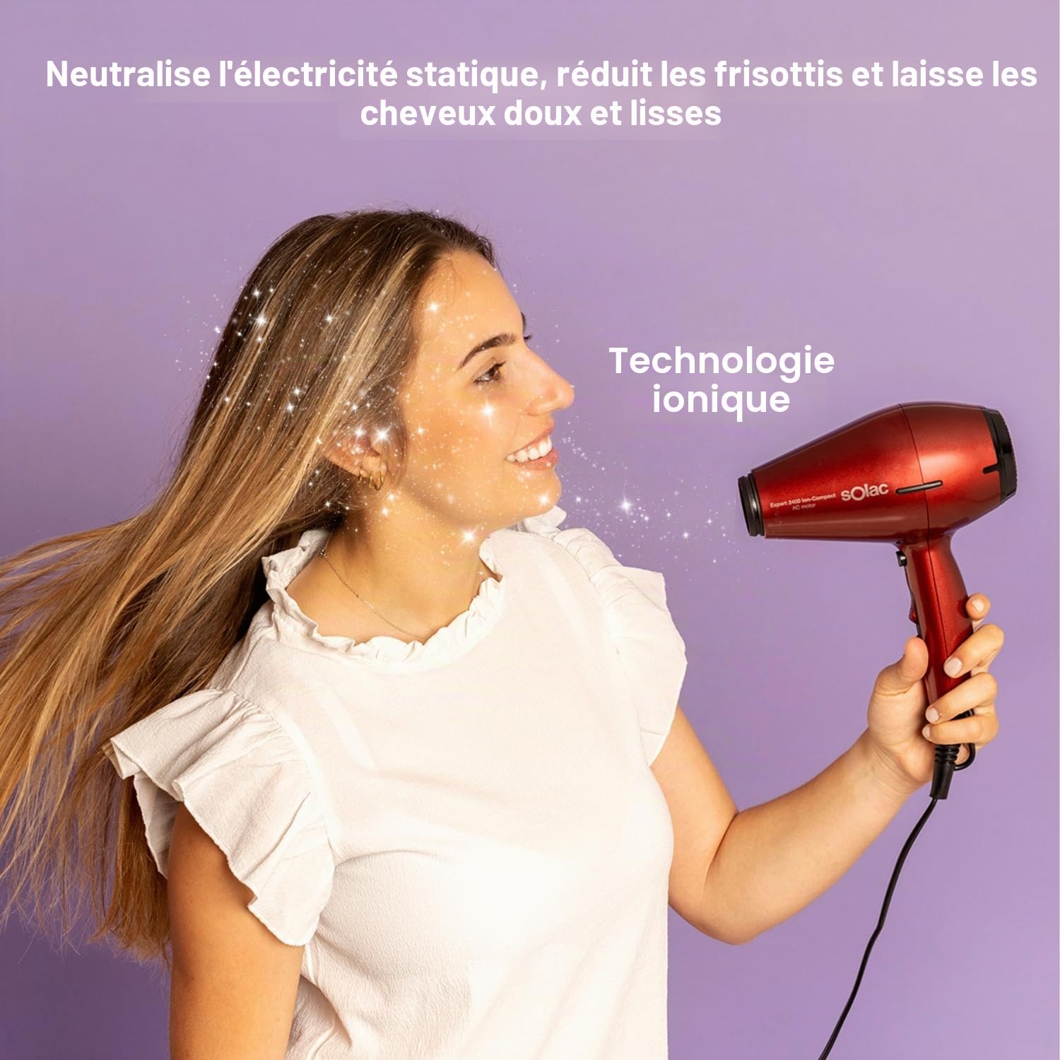 Solac - Sèche-cheveux professionnel 2400W Ion-Compact | 6 réglages température/vitesse | Technologie ionique | Air froid | Compact | Concentrateur + Diffuseur | Rouge