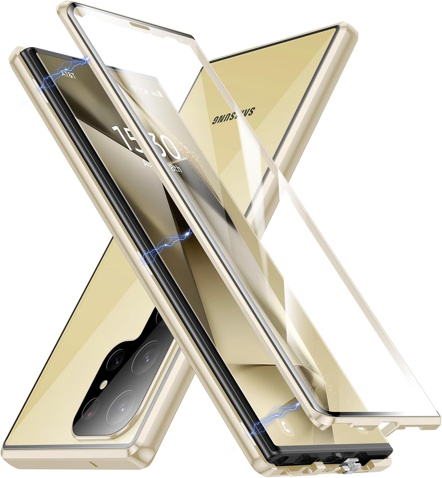 Jonwelsy Case for Samsung Galaxy S24 Ultra, 360 Degree Front and Back Clear Tempered Glass Full Body Protection Magnetic Adsorption Metal Bumper Frame Flip Cover for Samsung Galaxy S24U (Gold)