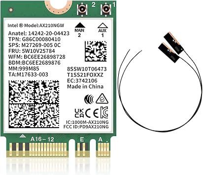Intel Wi-Fi 6E AX210NGW Wireless LAN M.2 WiFi Wireless Card Bluetooth 5.3 802.11ax Windows 10/11 64-bit Support and Wifi Antenna Bundle