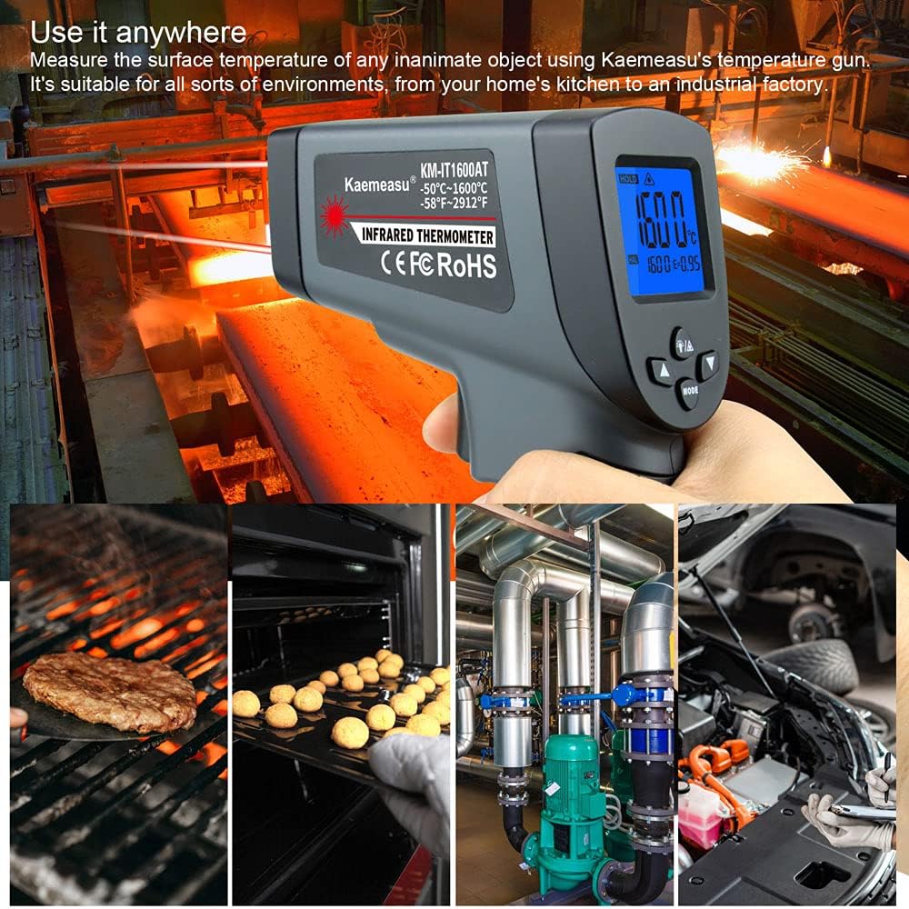 Image showing the infrared thermometer being used to measure temperature in various settings, including industrial, kitchen, and automotive environments.