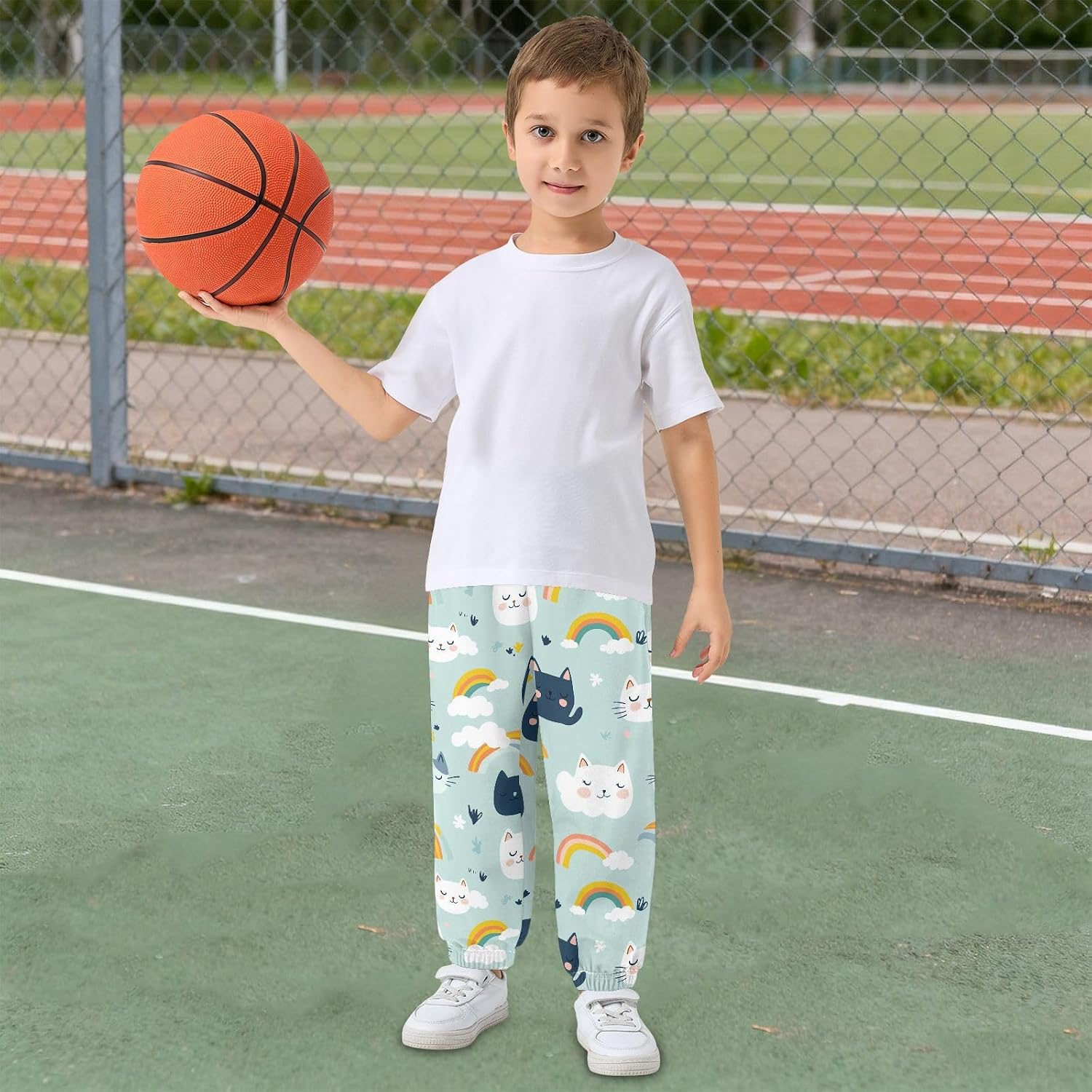 Boy Sweatpants Cartoon Cat Animal Rainbow Joggers Casual Athletic Pants Kids Elastic Waist Cuffed with Pockets