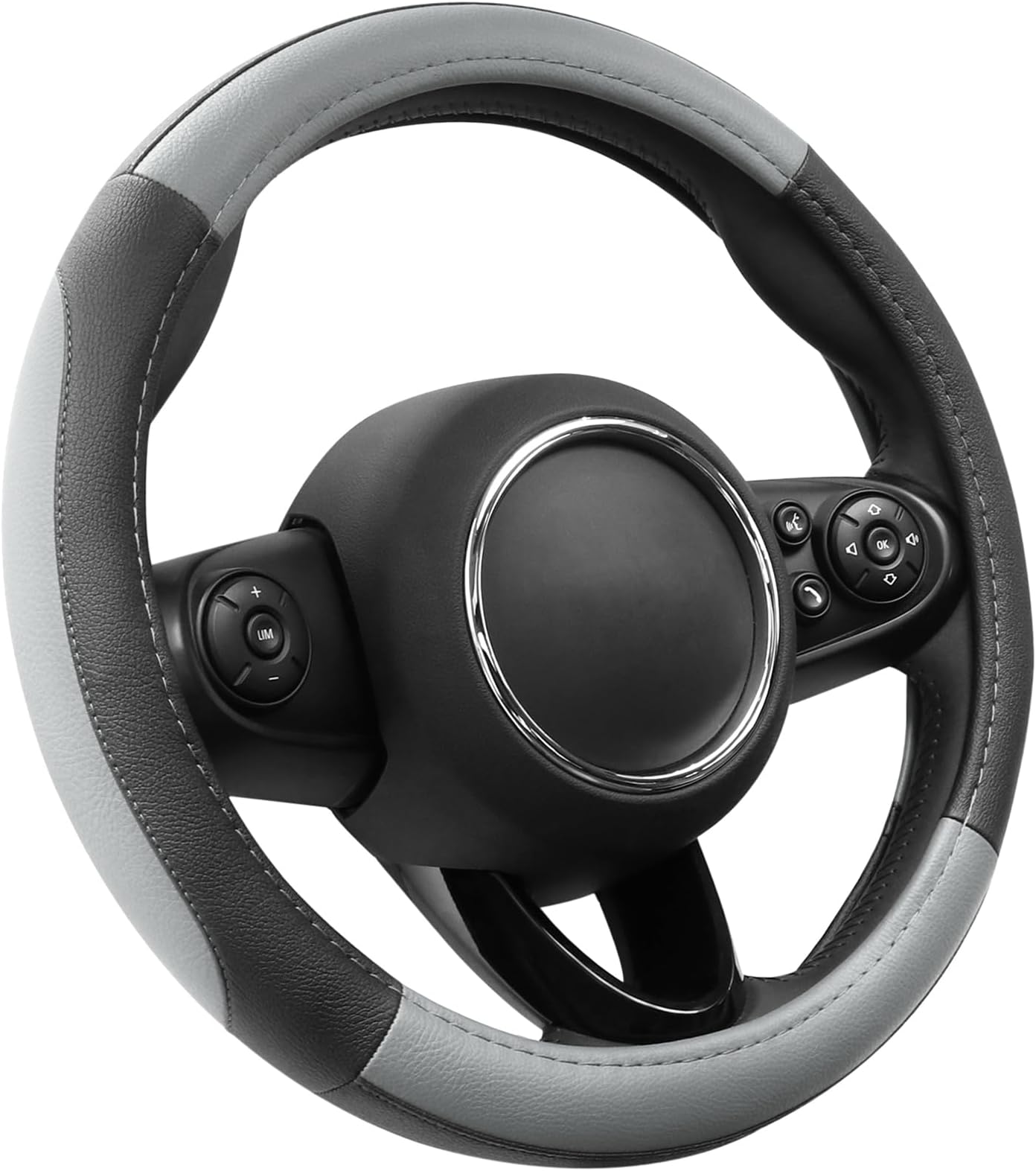 SEG Direct Car Steering Wheel Cover for Prius Civic Model 3 Model Y Camaro, Small Size 14-14.25 inch, Black and Gray Microfiber Leather