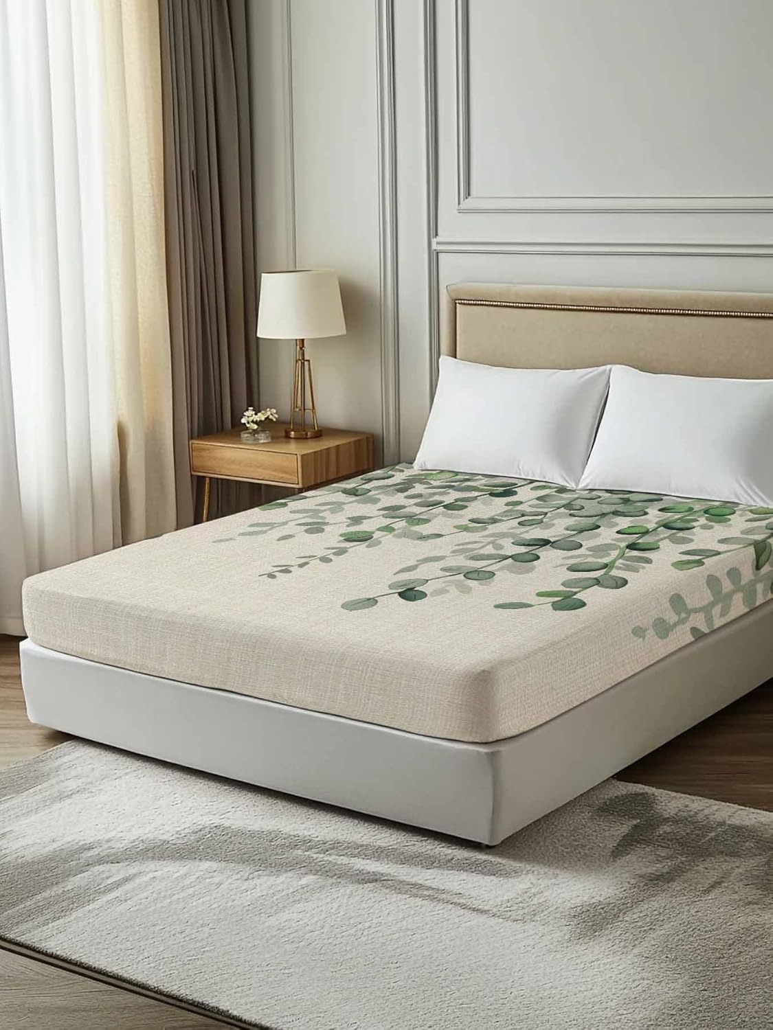 Top Sheet Twin XL Bedding Flat Sheet Only, Spring Watercolor Eucalyptus Leaves Microfiber Bed Sheets Soft Breathable Bedding Flat Sheets, Leaves on Linen Hotel Luxury Top Sheets