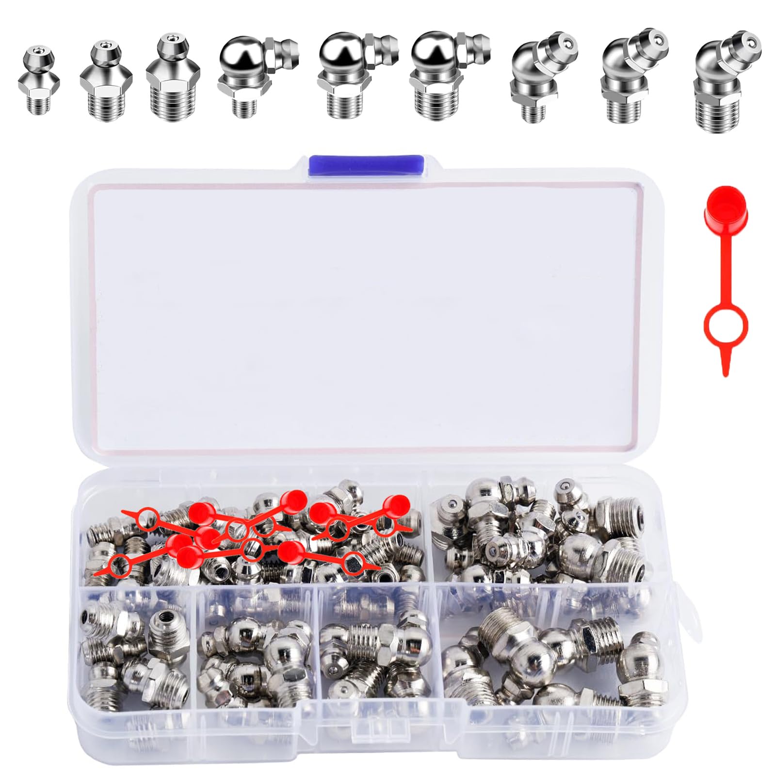 Set di Ingrassatori, M6 M8 M10 Grasso Raccordo Assortimento, 60 Pezzi Ingrassatori Testine, Raccordo per Ingrassatore in Metallo in Dritto e Angolato 45° 90°, 10 Pezzi Tappo per ingrassaggio