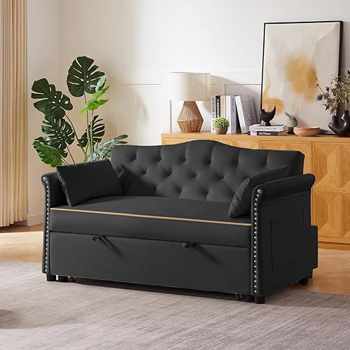 Miniatura 160 de sofá cama de terciopelo de 58 pulgadas, convertible 3 en 1 con bolsa de almacenamiento y respaldo ajustable, perfecto para espacios pequeños, sala 7