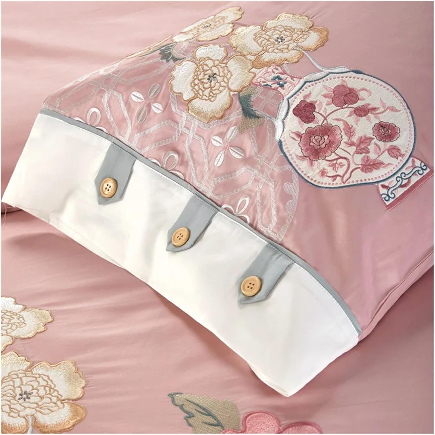 Embroidery Chinoiserie Style Duvet Quilt Cover Grey Leaves Comforter Cover Queen King 4Pcs Bedding Set Bed Sheets,Bed