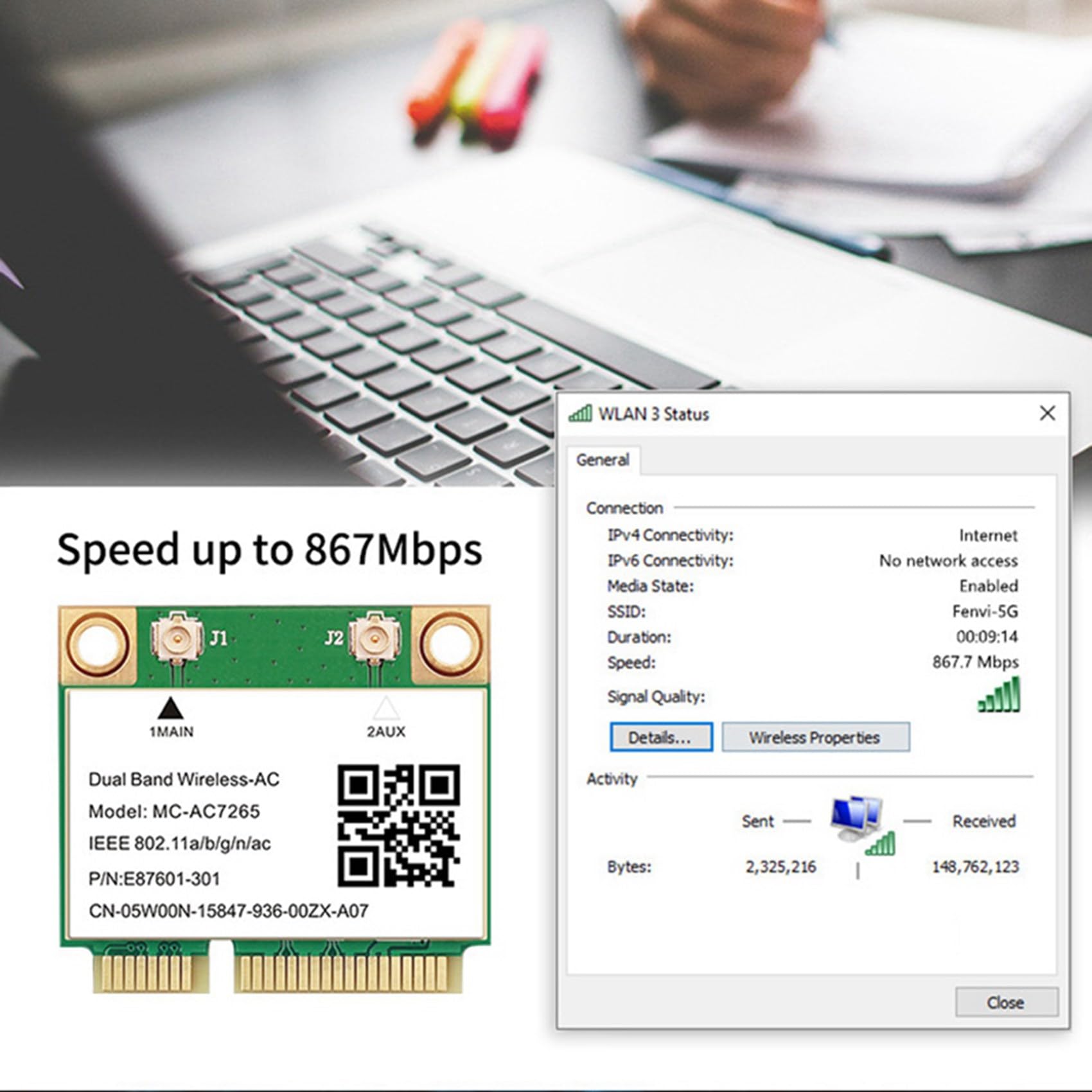10X Scheda di Rete Wireless Bluetooth 4.2 PCI-e da 1200 Mbps -AC7265 Scheda di Rete Wireless 7265 802.11ac 2.4G 5Ghz per Laptop 7260HMW
