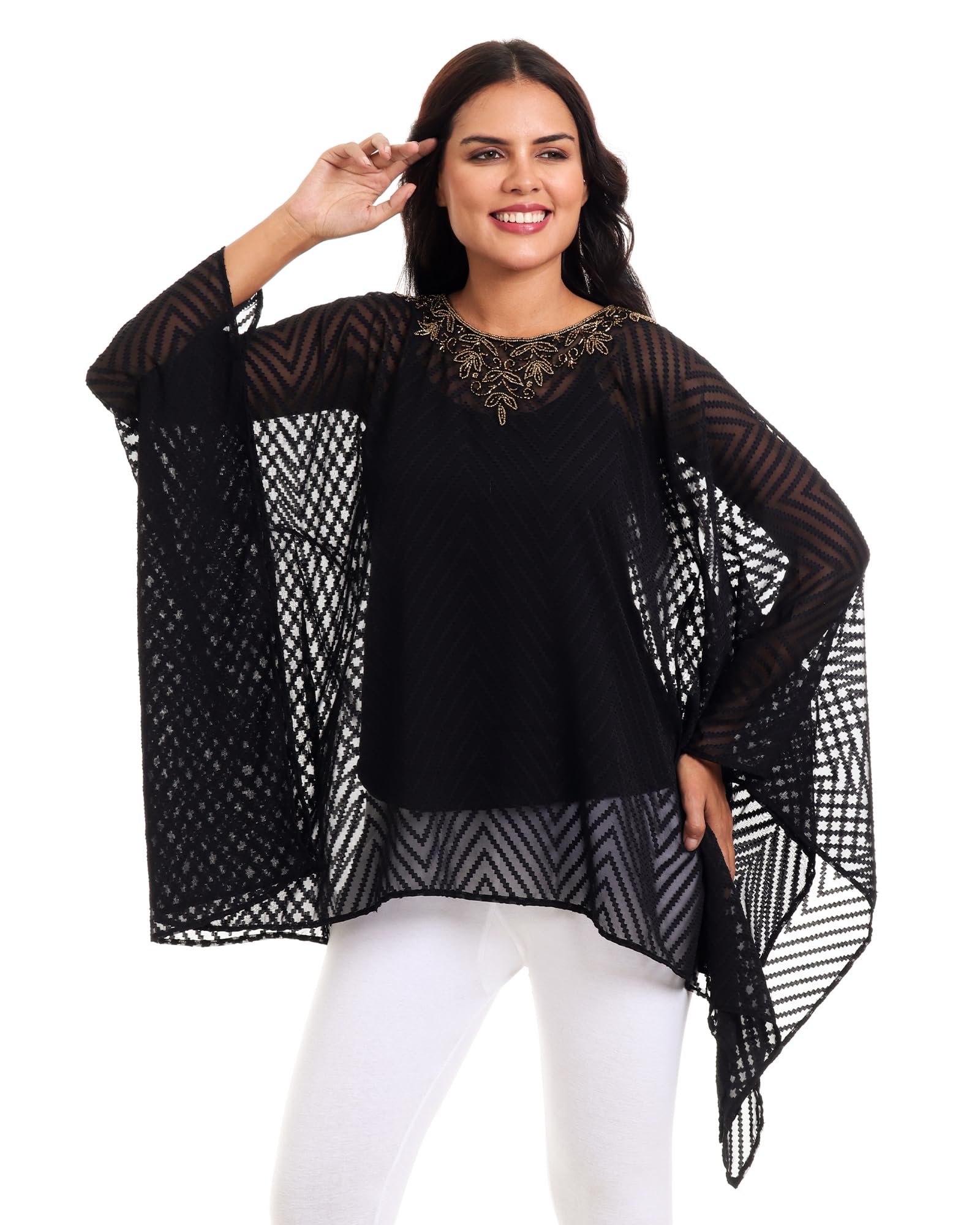 Women's Net Cape Shrug with Floral Embroidery, Black, Free Size, Lightweight, Round Neck, Casual Ethnic Style, 50 cm Length-image-7