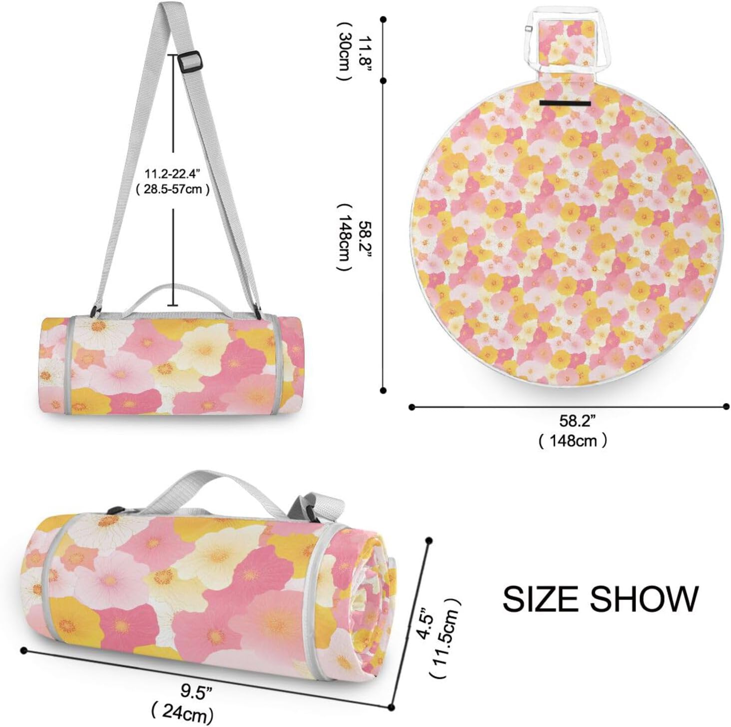 Round Beach Essentials - Fits 2 Adults, Summer Accessories Sand Free Large Outdoor Blanket Dual Layer, Sand-Free, Soft Throw Rug 58 in (Spring Colorful Flowers)