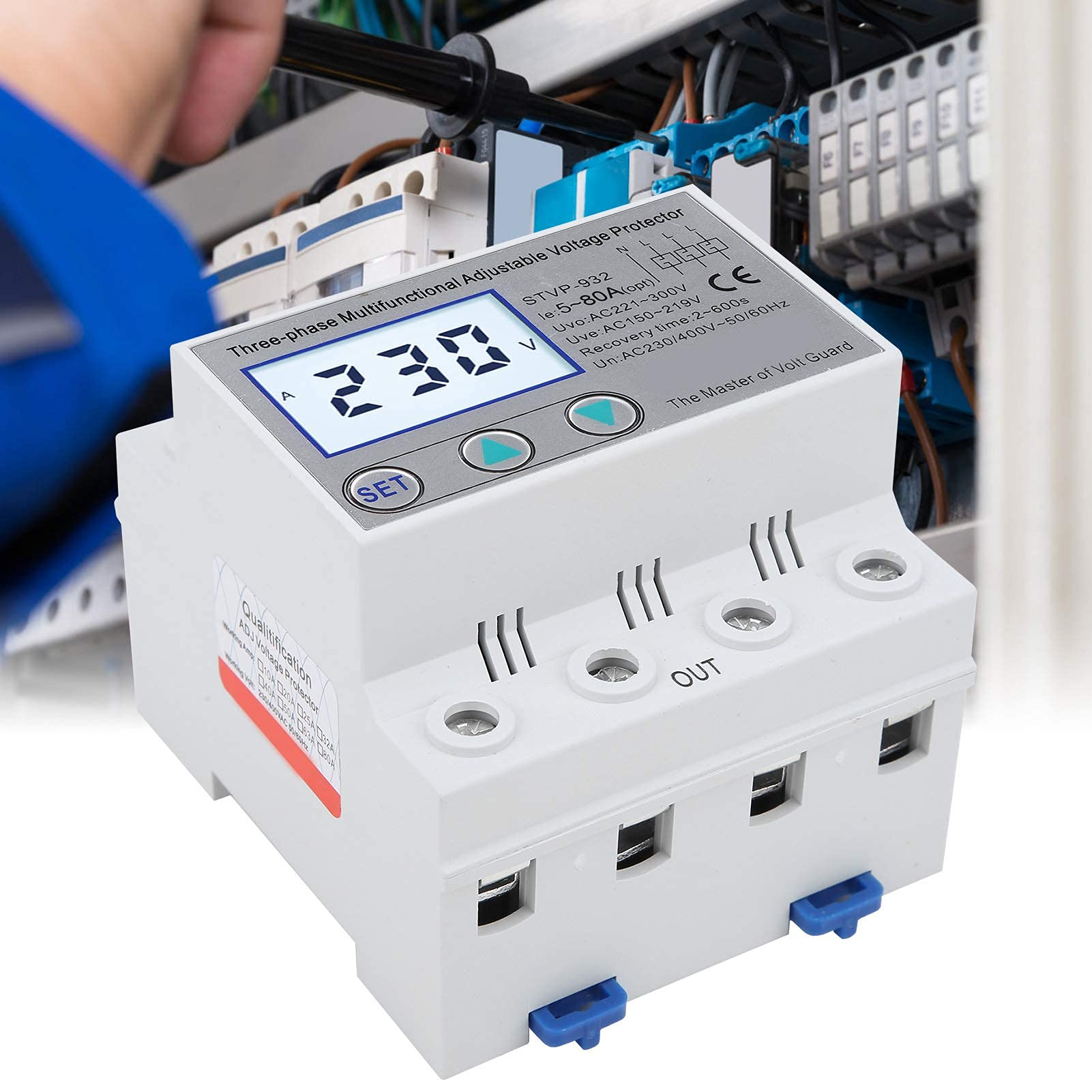 Stabilizzatore di Tensione Trifase Regolabile con Protezione di Tensione e Ripristino Automatico, Display LCD, 63A - Relè di Protezione di Tensione per Uso Industriale e Domestico