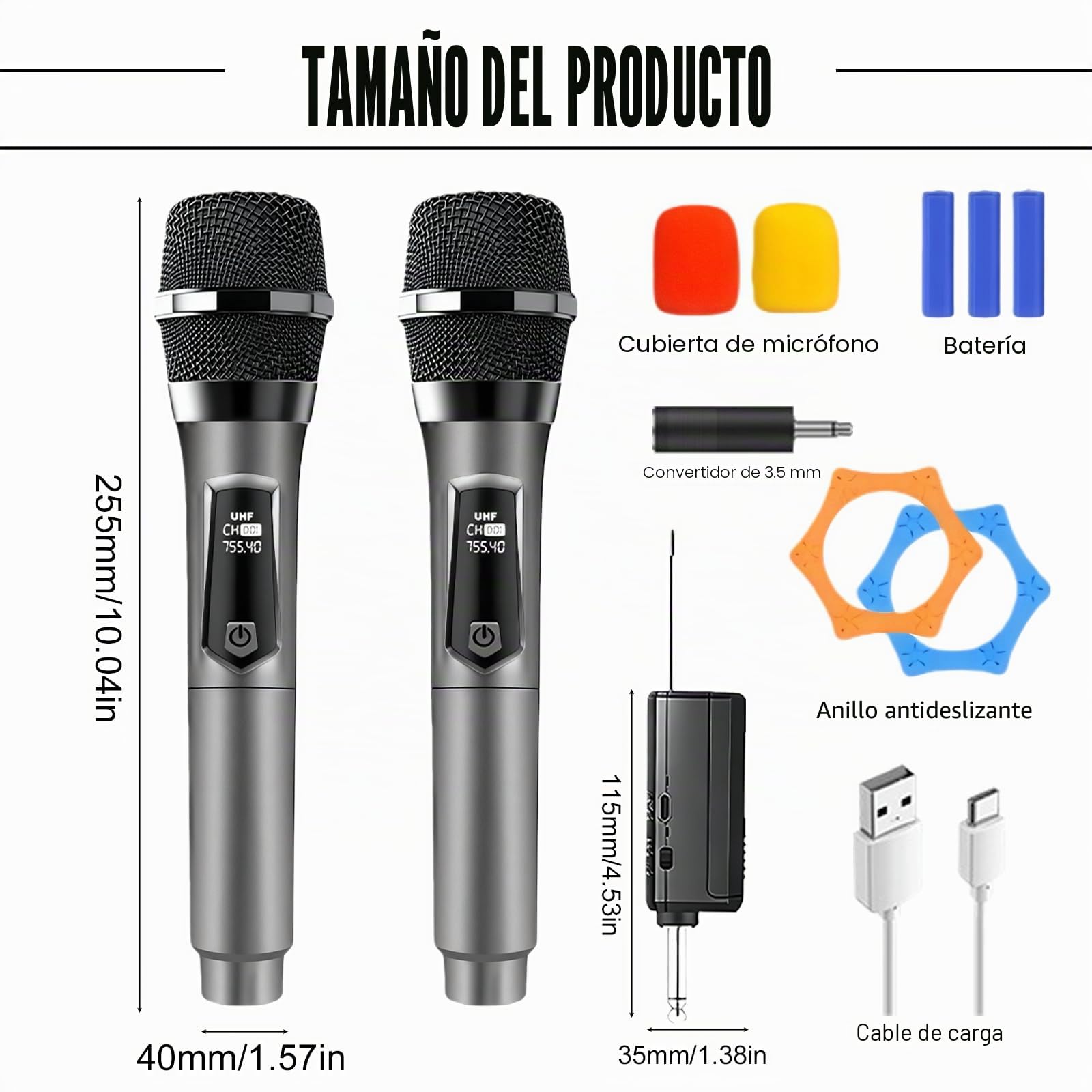 PORFOYO Micrófono inalámbrico, 2 piezas UHF Micrófono inalámbrico, juego de micrófono con receptor recargable, micrófono de mano doble, alcance de 50 m, para karaoke, canto, fiesta, escenario, boda