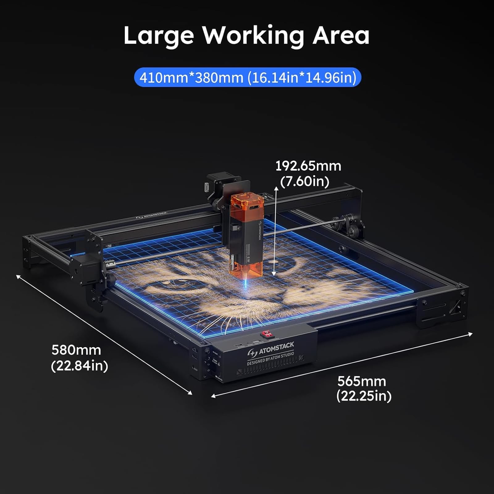 ATOMSTACK A5 Pro V2 Incisione laser stampante laser potenziata da 5 W incisore laser, incisore ad alta precisione da 0,06 mm, superficie di incisione 410 x 380 mm per legno, metallo e acrilico