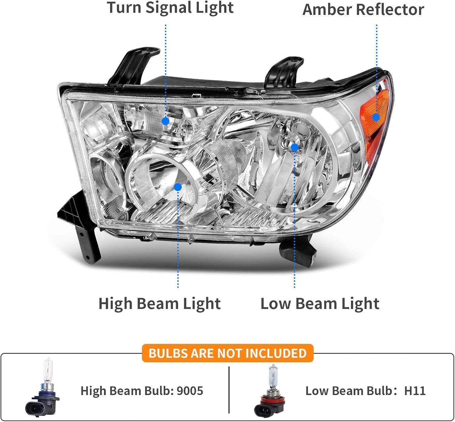 DWVO Headlight Assembly Compatible with Tundra 2007-2013/ Sequoia 2008-2017 Chrome Housing Amber Reflector (Not suitable for vehicle with electric adjustment function)