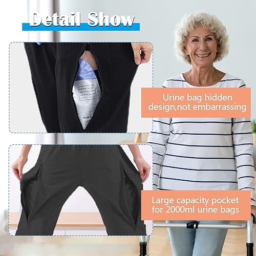 Miniatura 4 de Pantalones de pierna con bolsillos dobles unisex, capacidad para (2) bolsas de pierna de 67.6 fl oz, compatibles con nefrostomía, foley, catéteres
