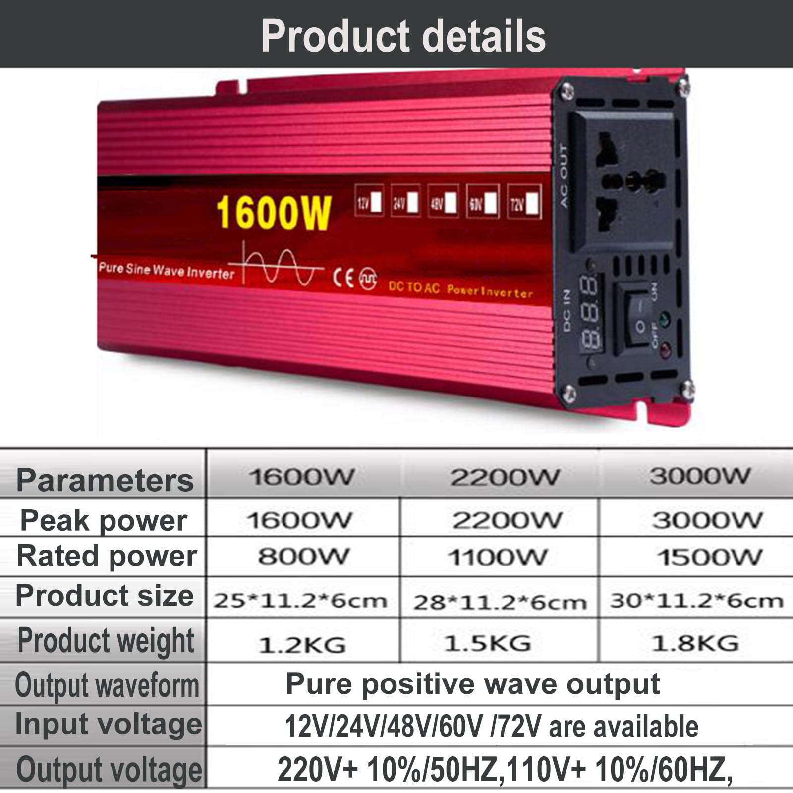 Przetwornica mocy Przetwornice czystej fali sinusoidalnej 1600 W 2200 W 3000 W Przetwornice DC 12 V/24 V/48 V/60 V na AC 110 V 220 V Transformator słoneczny
