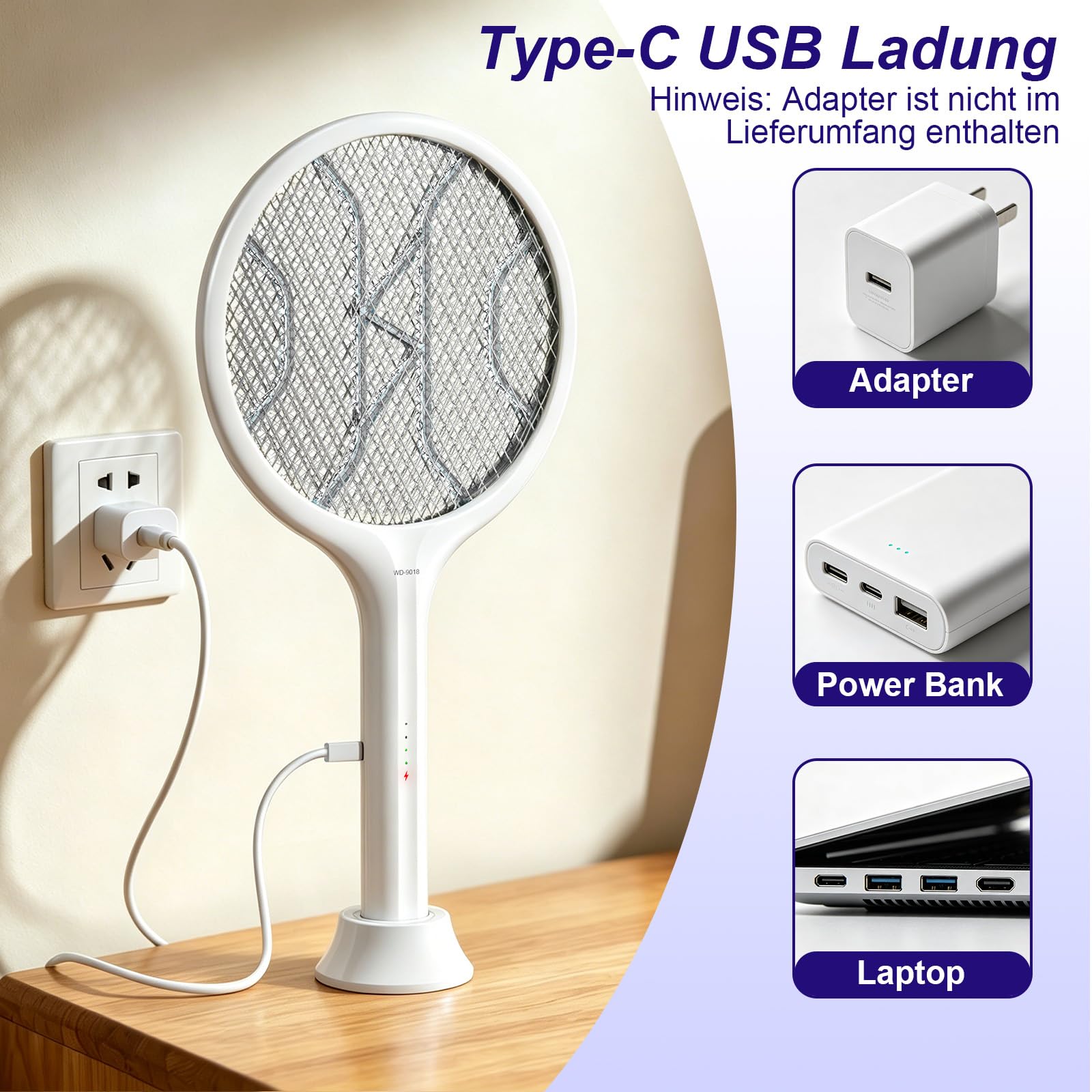 Elektrische Fliegenklatsche 4000V Bug Zapper Schläger Dual Modi Mückenvernichter mit Lila Mückenlicht Wiederaufladbar für Indoor Home Office