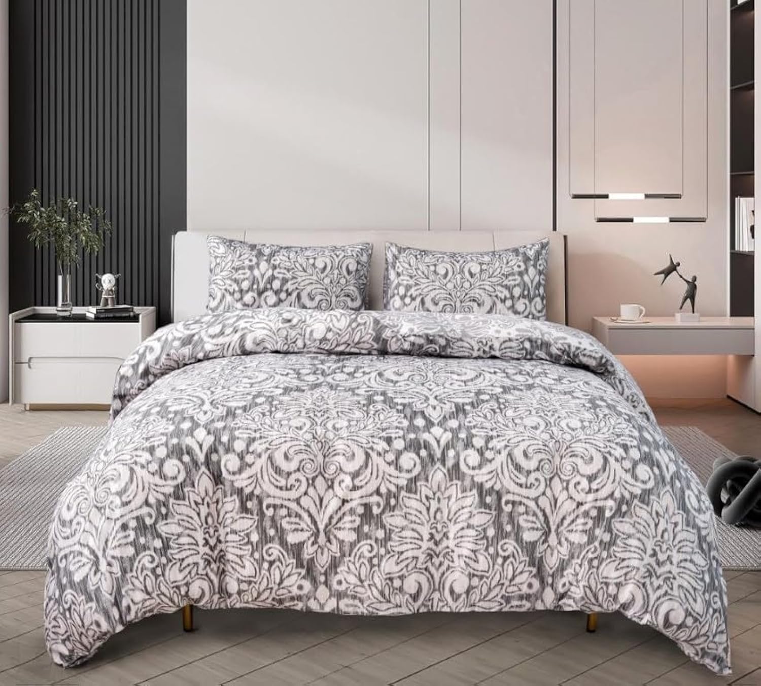 renoazul Microfiber Duvet Cover Sets Single - Single Bed Duvet Cover Set with Pillow Case & Fitted Sheet, Bedding Set Single, Soft & Easy Care - Single 3 Piece, Royal Damask Grey