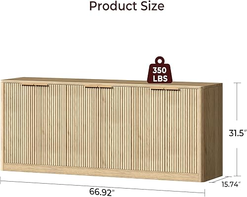 Miniatura 2 de Evermagin Soporte de TV acanalado de roble de 67 pulgadas para televisores de hasta 75 pulgadas, centro de entretenimiento moderno de mediados de