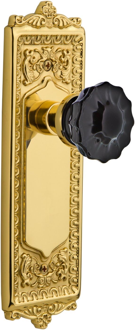 Nostalgic Warehouse 727063 Egg & Dart Plate Double Dummy Crystal Black Glass Door Knob in Polished Brass