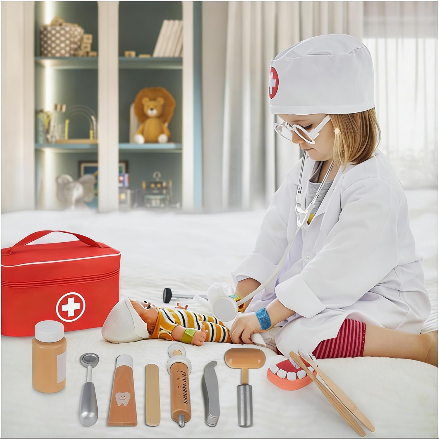 Malette Docteur Enfant Médecin Jouet Bois avec stéthoscope véritable, Mallette de Dentiste, Blouse de Docteur, Cadeau médical de Jeu de Rôle pour Filles garçons 3 4 5 Ans