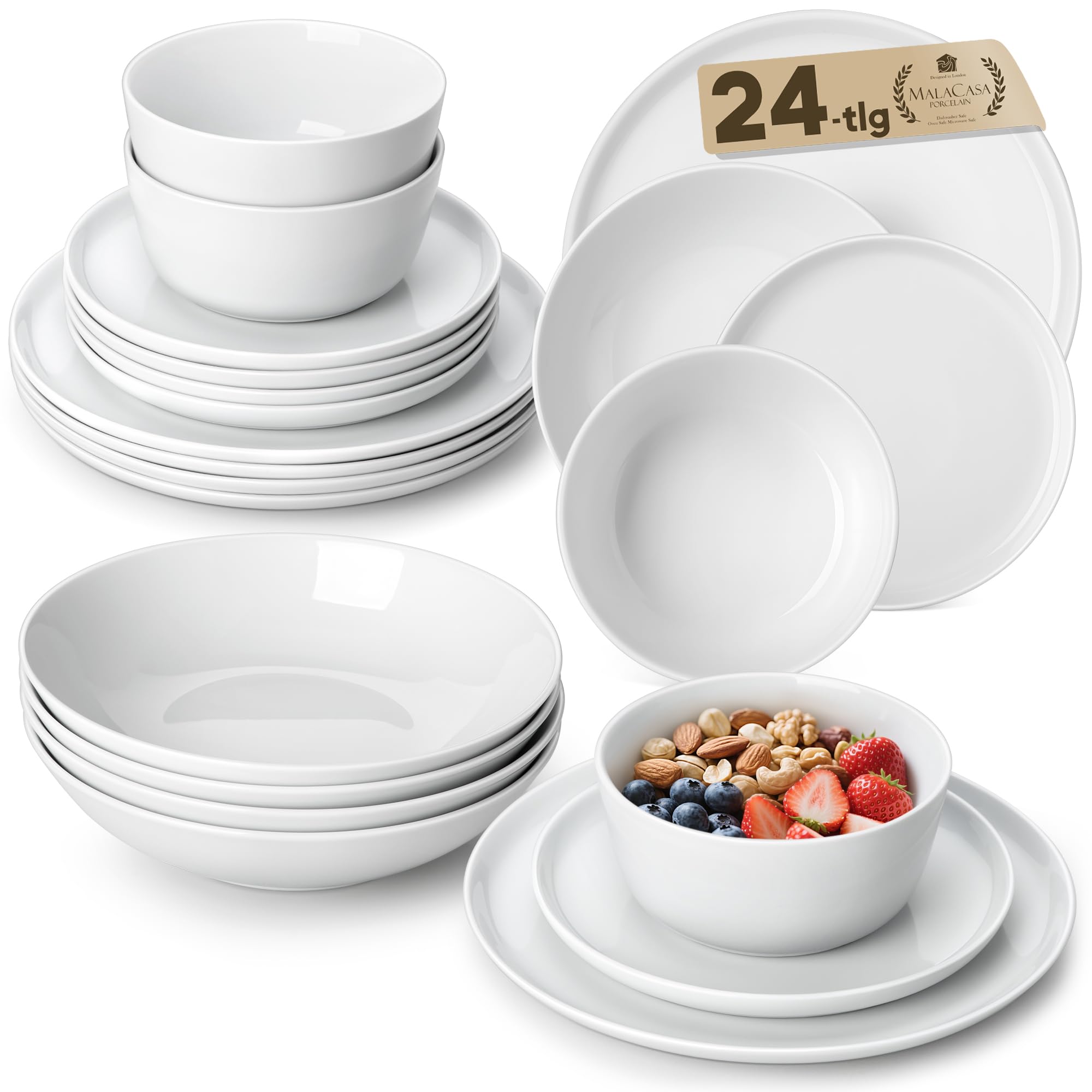MALACASA 24 Pieces Gourmet Porcelain Dinnerware Sets, Premium Plates and Bowls Set, High-Fired Ceramic Dishes Set for 6, Chip & Scratch Resistant, Microwave Dishwasher Safe, White, Series Lexi
