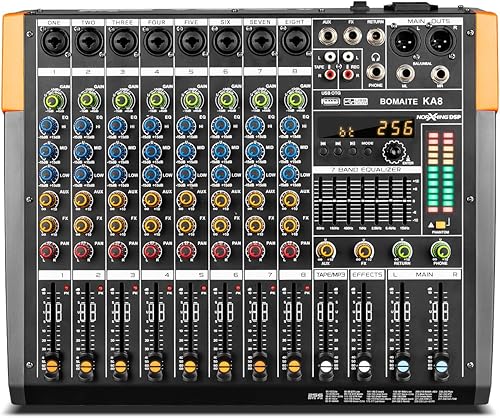 Bomaite KA8 - Consola de tablero de sonido profesional de 8 canales, interfaz digital USB MP3, entrada 48V Phantom Power Stereo DJ Studio FX Chasis