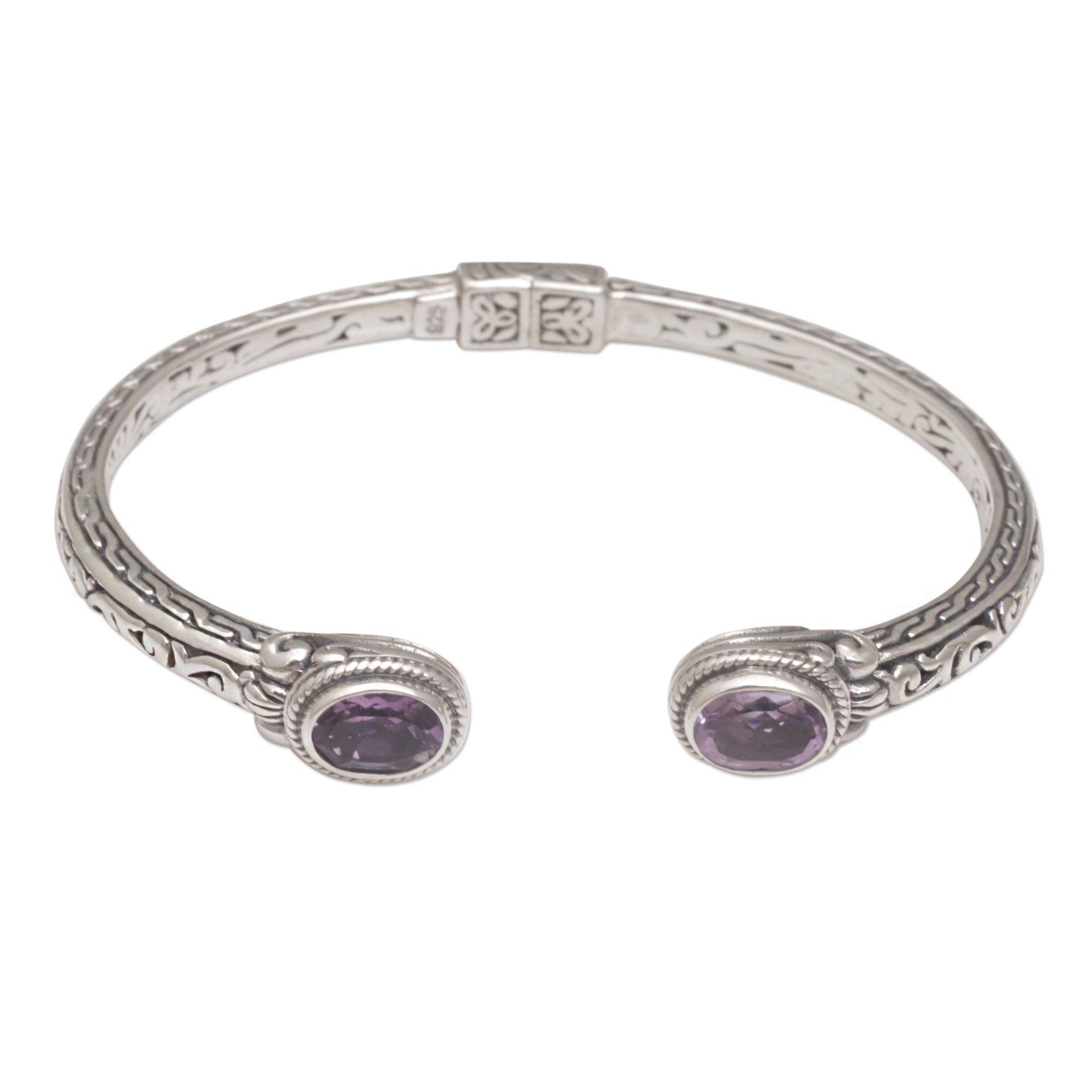 NOVICAArtisan Handmade Amethyst Cuff Bracelet Modern Balinese 925 Silver Sterling Purple Indonesia Birthstone [5.5 in L (end to End) x 0.4 in W] ' Magical Attraction'