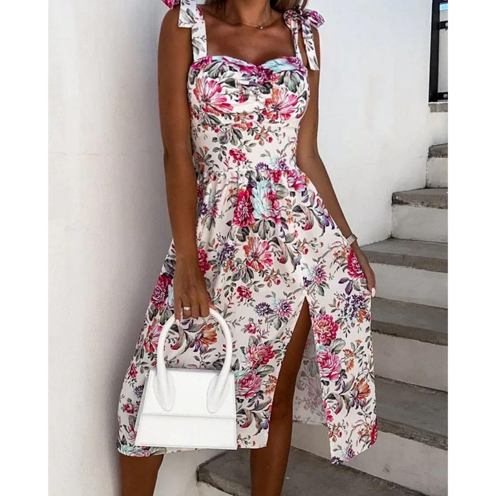 MOGSA Abiti estivi Spaghetti Strap Dress Donna Stampa Floreale Senza Maniche Sling Dress Slash Neck Spacco Beach Party Dress Sundress-Blue Flower,S