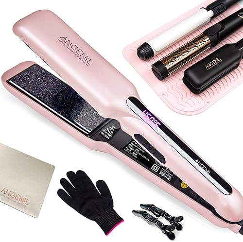 ANGENIL Plancha de pelo de 1.6 pulgadas de ancho, alisador de pelo de doble voltaje y rizador 2 en 1 con alfombrilla de silicona resistente al calor