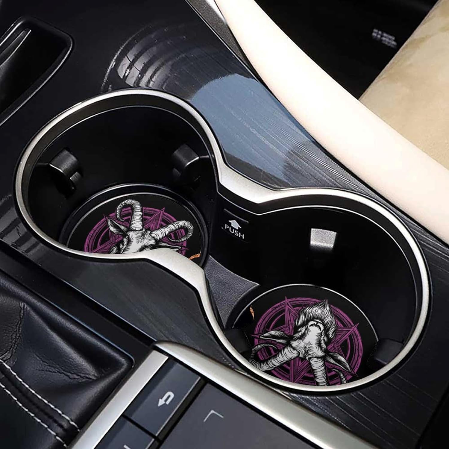 Baphomet Satanic Goat Head Cute Car Coasters 2.56 Inch Absorbent Cup Holder for Drinks Auto Interior Accessories