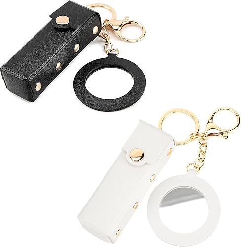Miniatura 7 de Paquete de 2 llaveros organizadores de lápiz labial, estuche de cuero para lápiz labial con espejo para mujer, bolsa de brillo de labios portátil,