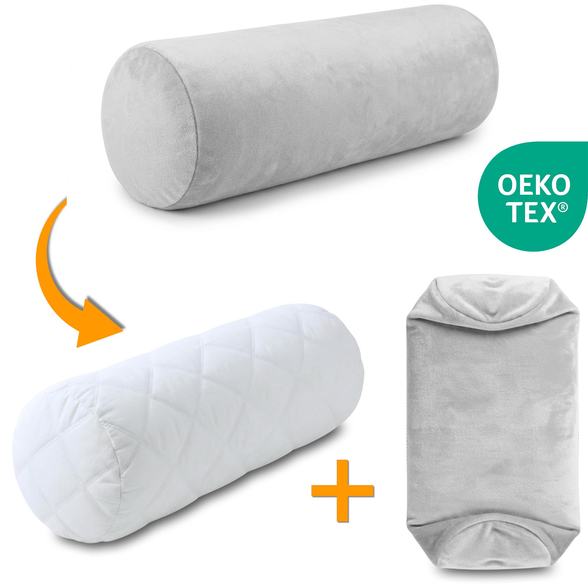 Totsy Baby Cuscino cilindrico per cervicale lombare e ginocchia per letto o divano 40x15 cm - cuscini cilindrici per corpo e yoga in schiuma con fodere in Grigio Velluto