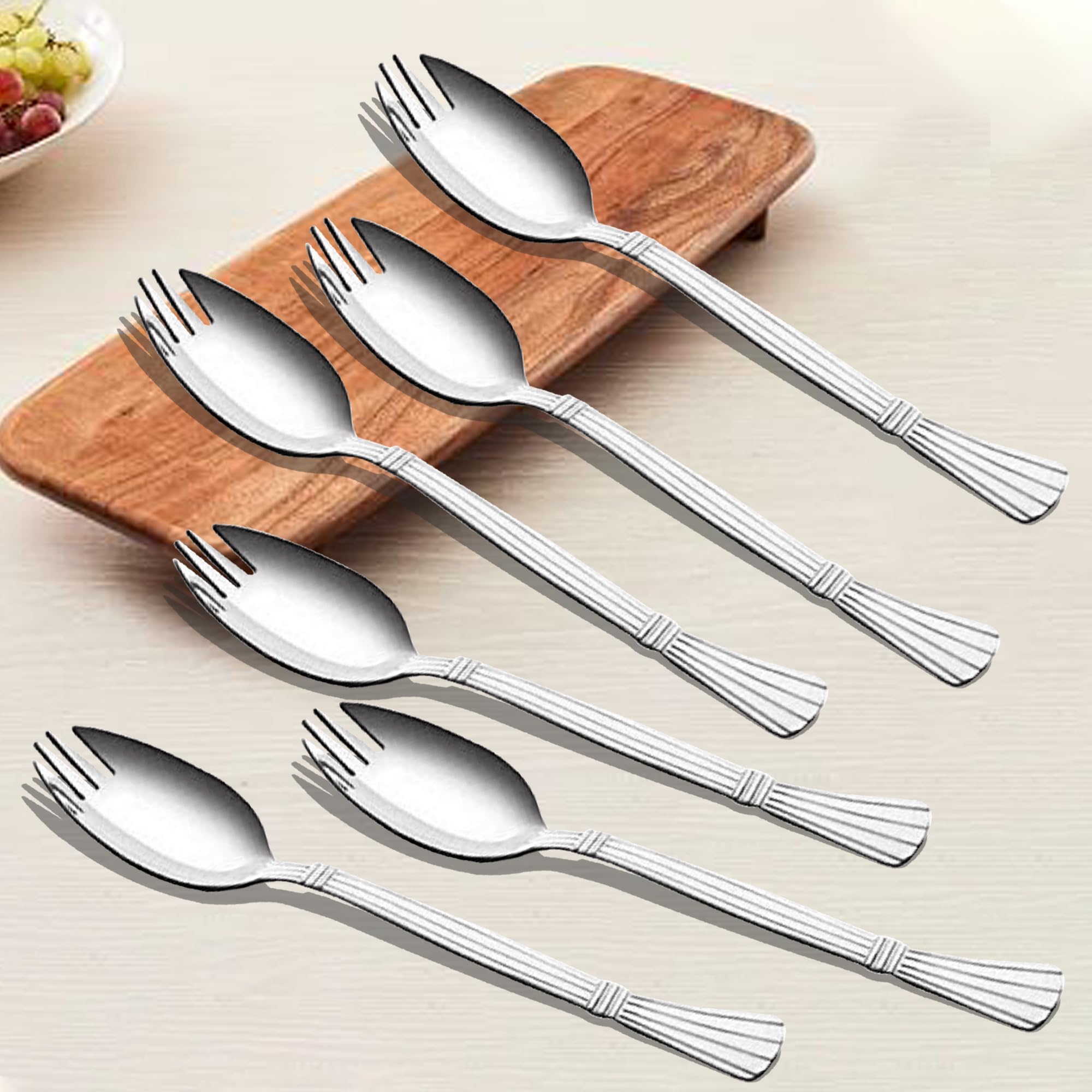 Parage 3-in-1 Stainless Steel 6 Pieces Spoon Fork Set | Spoon Cum Fork Set | Spork for Soups, Noodles| Set of 6| Length: 16 cm| Silver