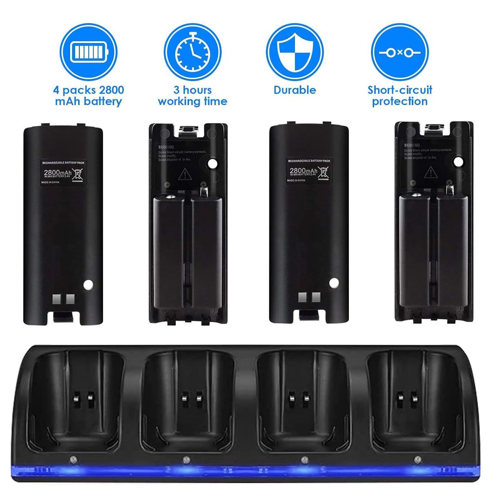 Stazione di Ricarica per Controller Wii, con 4 Batterie Ricaricabili da 2800 mAh e Indicatori a LED, Caricatore Wiimote per Wii Supporto di Ricarica per Telecomando Wii, Nero