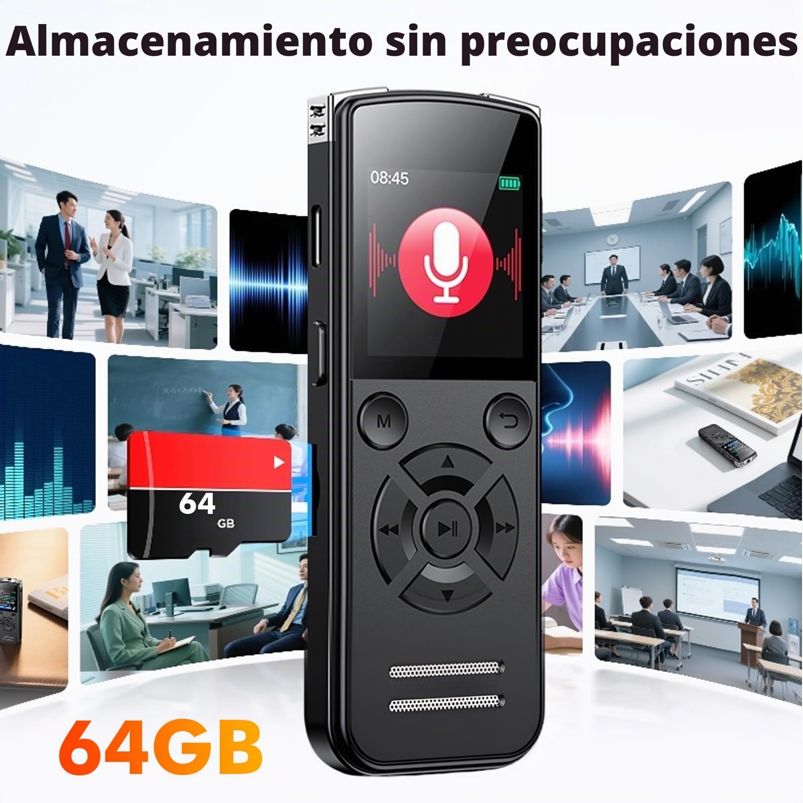 Grabadora de voz de 64 GB, grabadora de un botón, mini grabadora de voz de 1536 Kbps para reuniones, conferencias y entrevistas, USB recargable