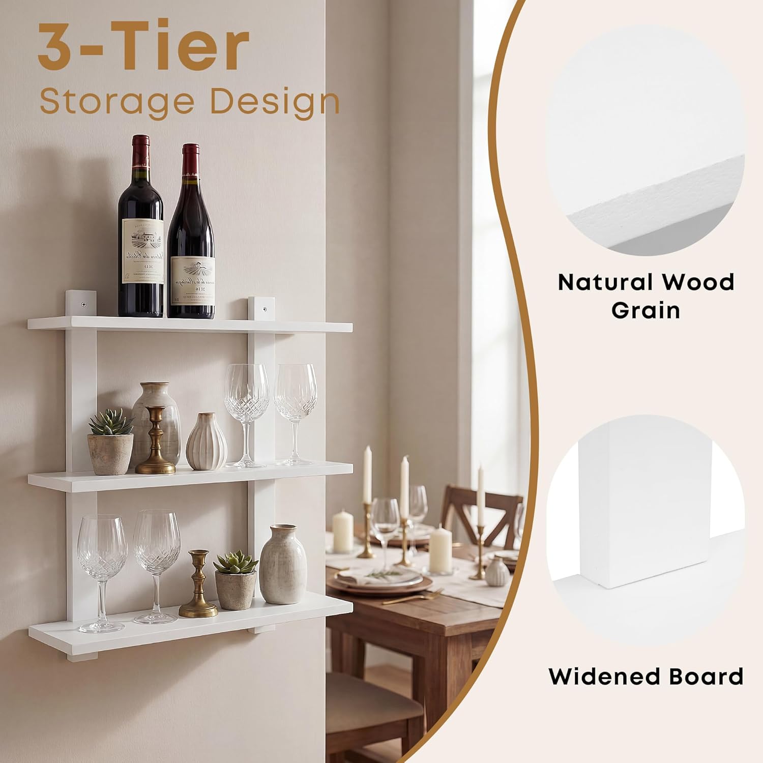 PHOENANCEE 3 Tier Floating Shelves,Long Wall Shelf,Over The Toilet Shelves Bathroom Hanging Display Storage Rustic for Living Room Bedroom Kitchen Office Coffee Bar Decor Decorative,24 Inch