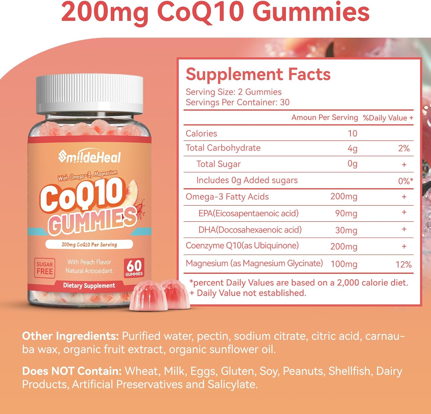 CoQ10 Gummies 200mg with Omega-3, EPA + DHA, & Magnesium - Coenzyme Q10 Supplements for Heart Health, Cellular Energy & Antioxidant, Vegan - 60 Gummies - Image 2
