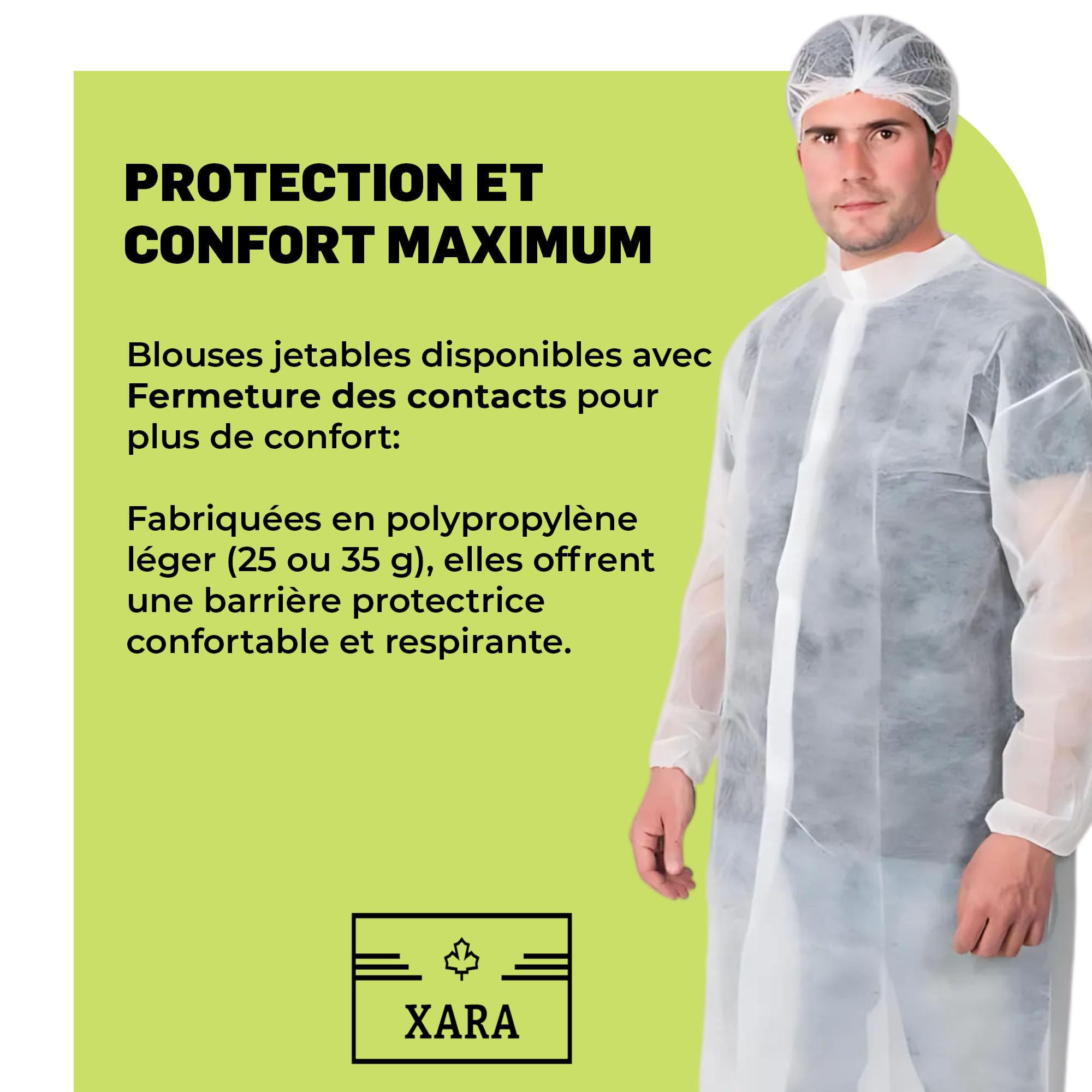 XARA Blouses Jetables Medical TNT avec Fermeture par Contact de 35 g - Lot 10 - Surblouse Jetable Respirant et Résistant - Protection et Hygiène - Taille Unique L - 105x127CM - Couleur Blanc