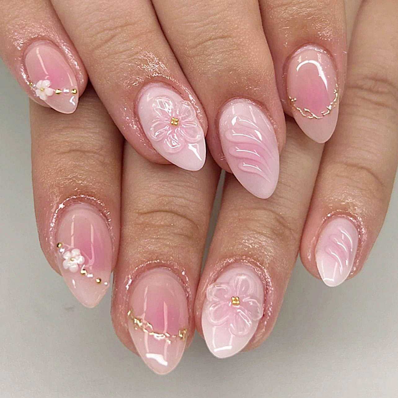 QQPPOLIU Pink Press on Nails Short Almond False Nails With Flower and 3d Coats Design for Girls Spring Nail 24pcs